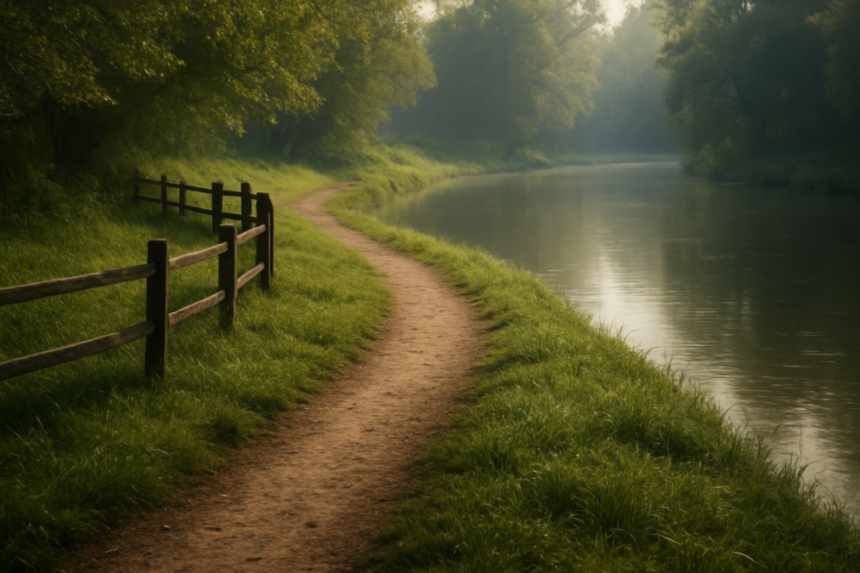 Empty riverside path bend