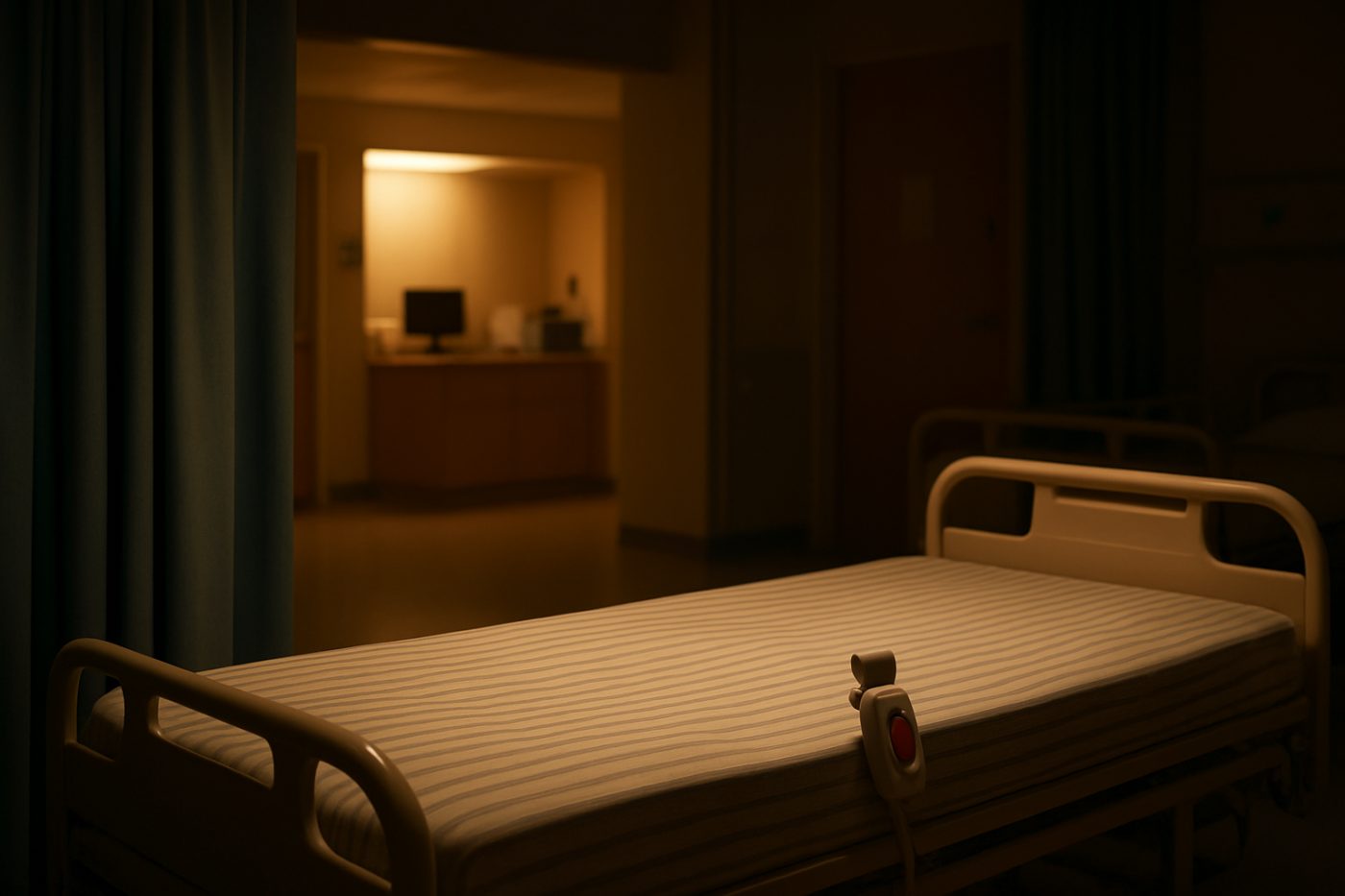 Empty hospital bed with call bell