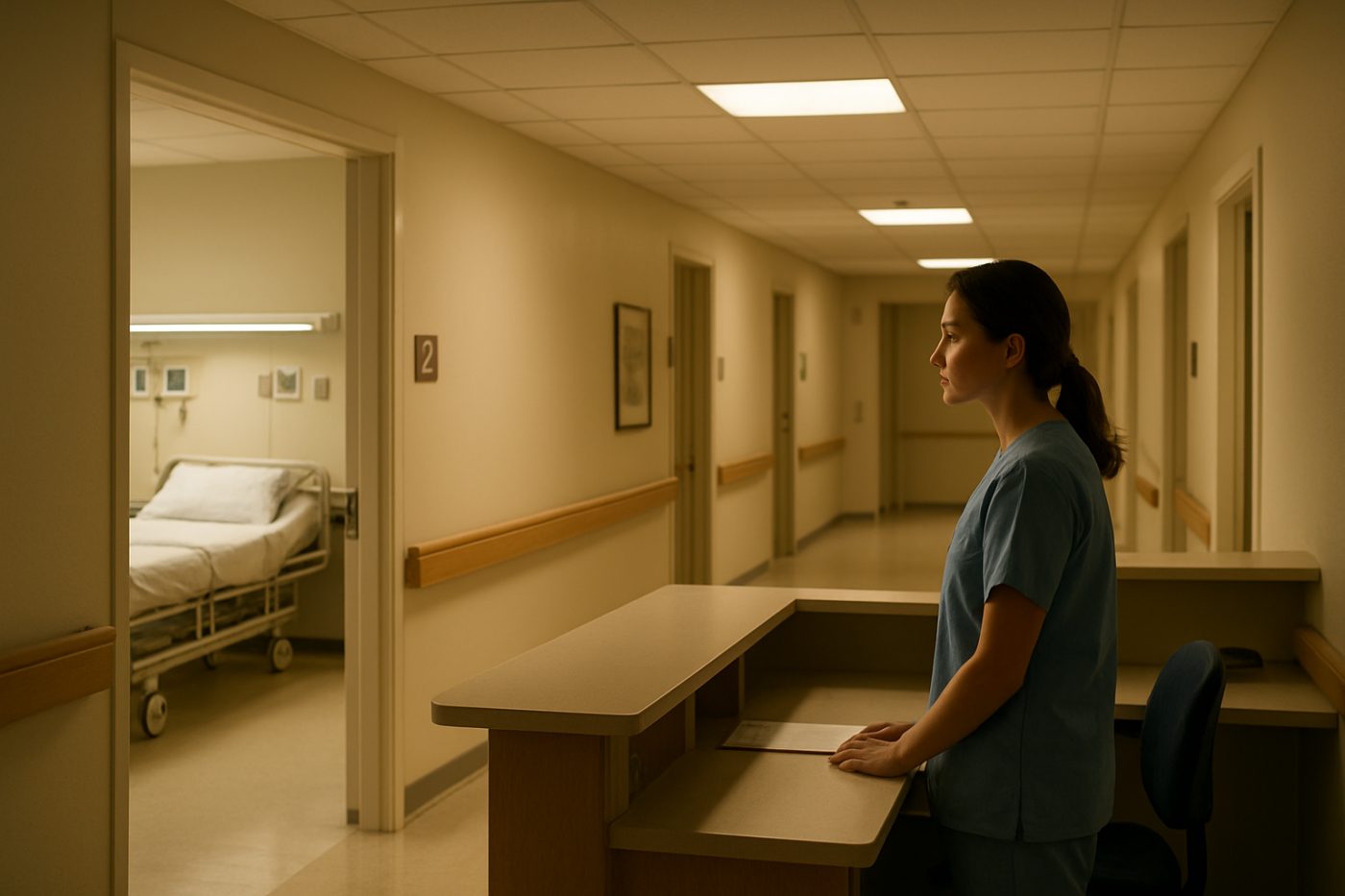 Nurse at ward near empty bed