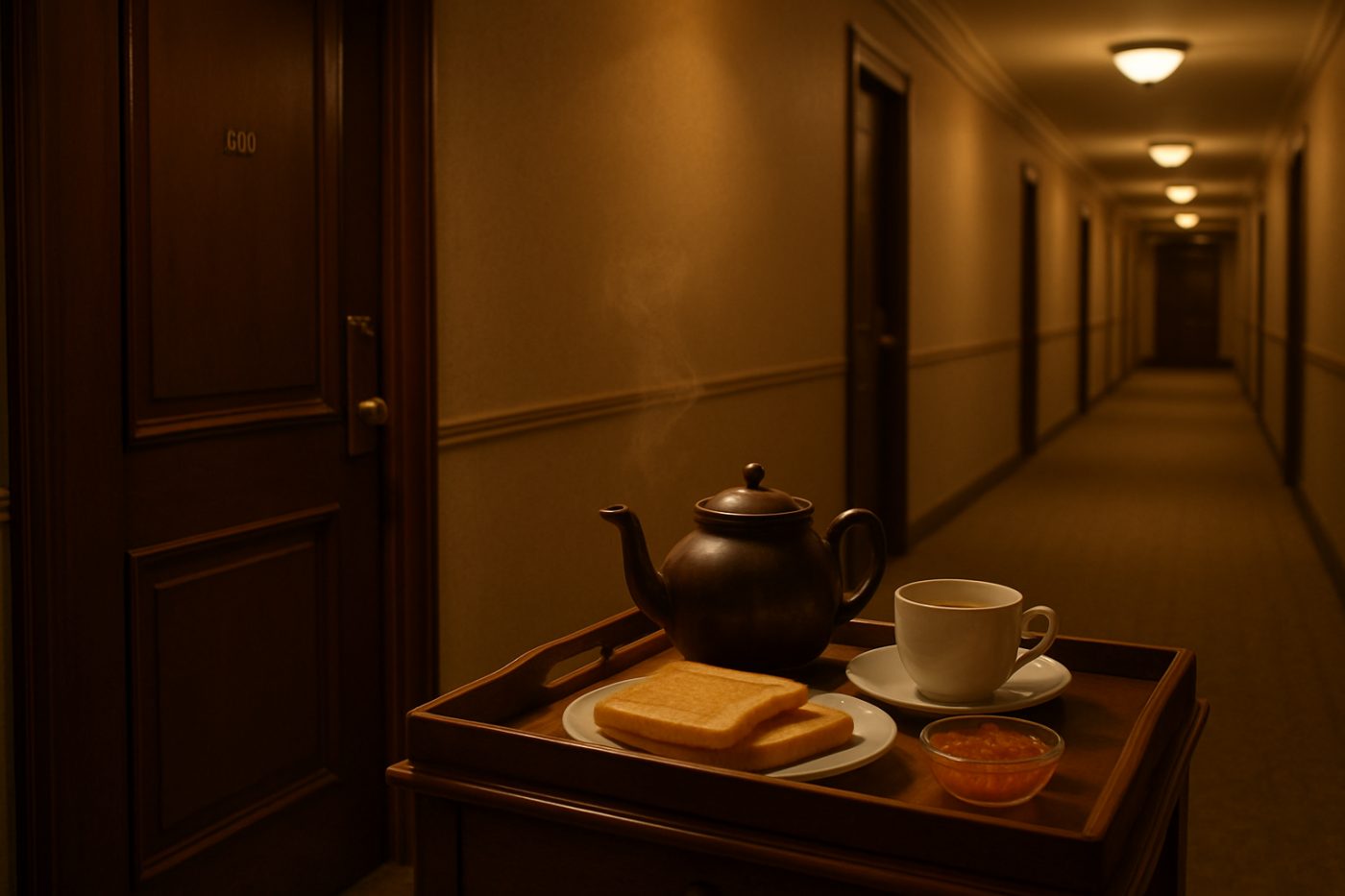 breakfast tray in hotel hallway
