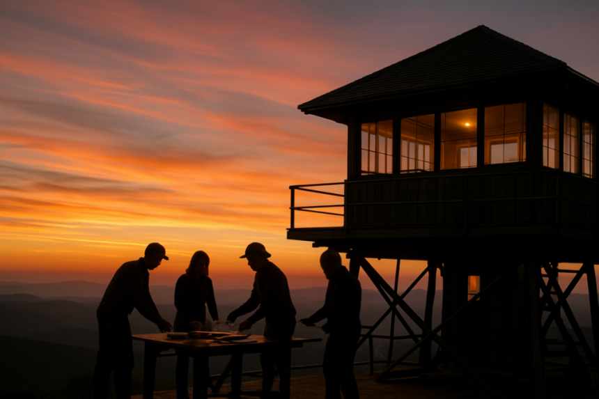 Fire lookout table with five plates