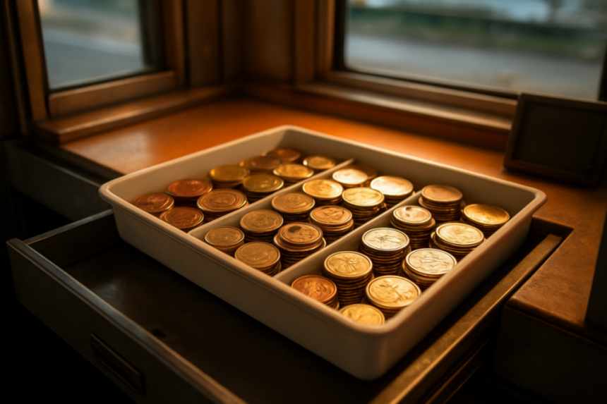 Toll booth coins in drawer