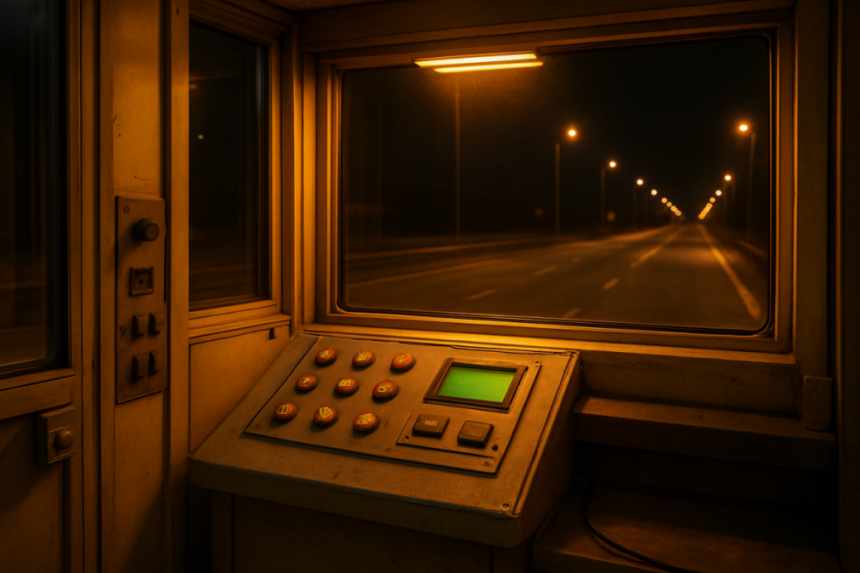 Inside toll booth, night shift
