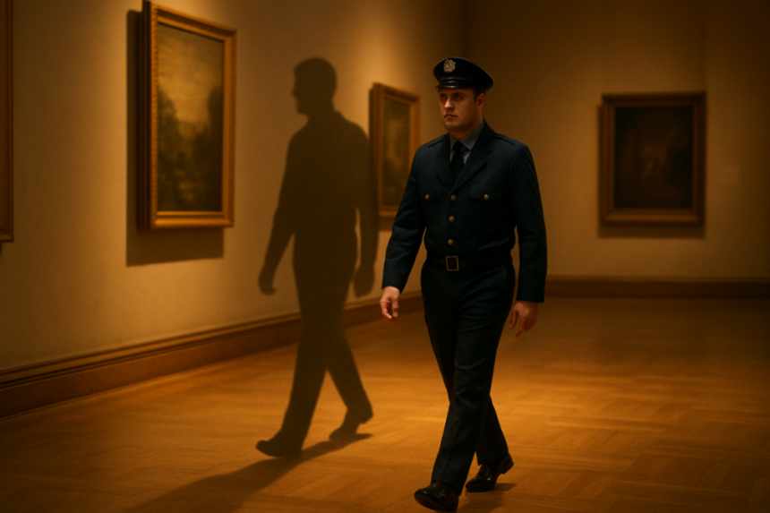 Museum guard with unseen companion