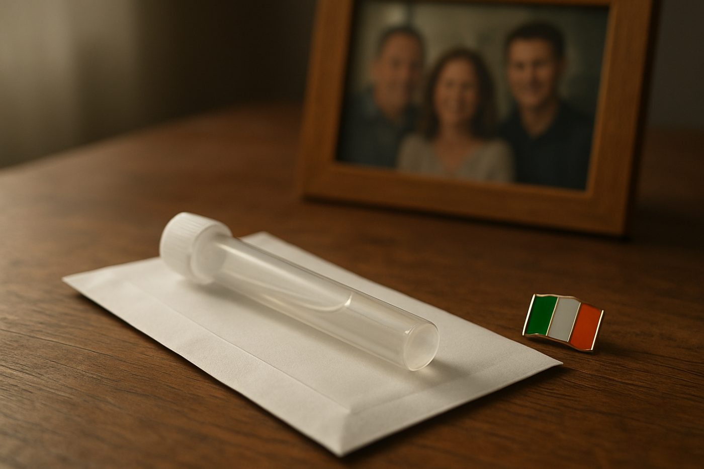DNA spit kit and Irish flag