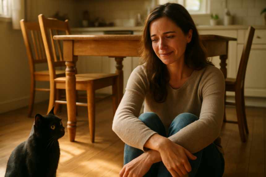 Woman emotional beside kitchen table
