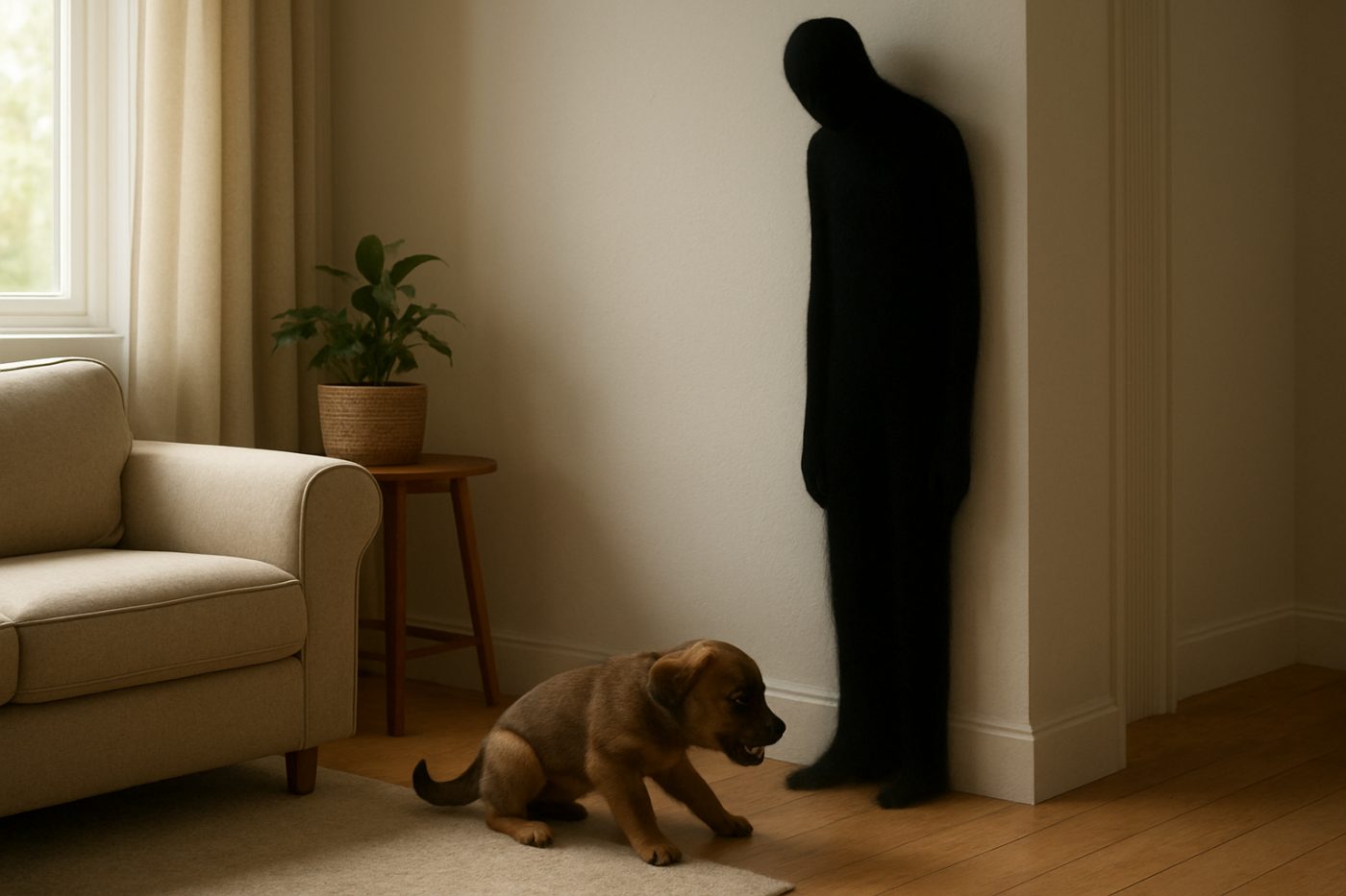 Puppy growling at shadow people