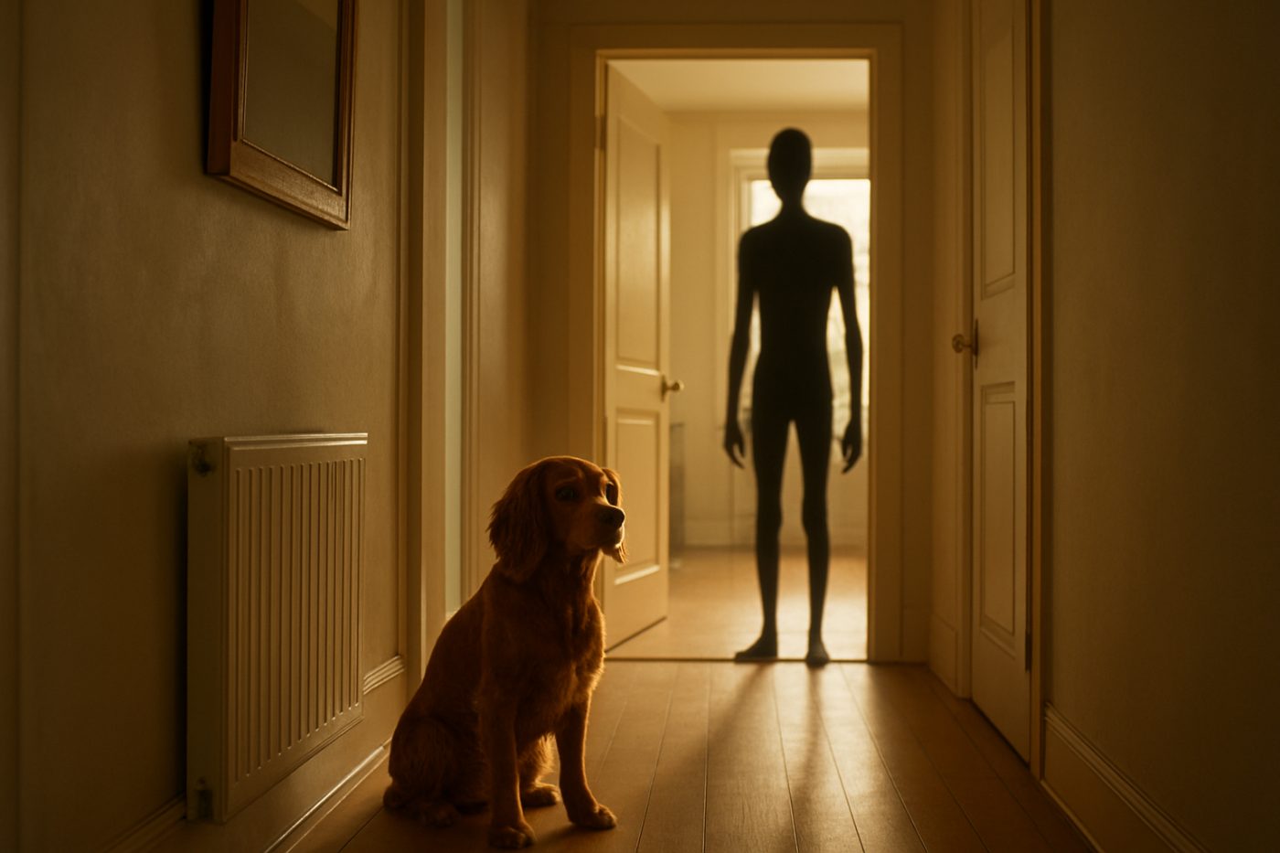 Shadow figure and alert puppy