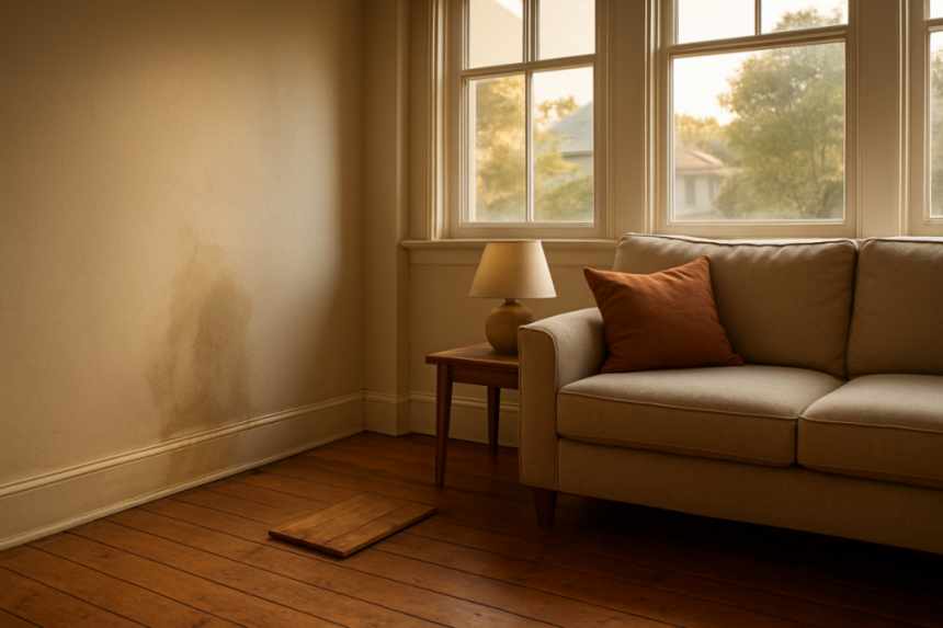 living room corner with damp patch