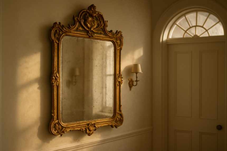 antique foxed mirror hallway
