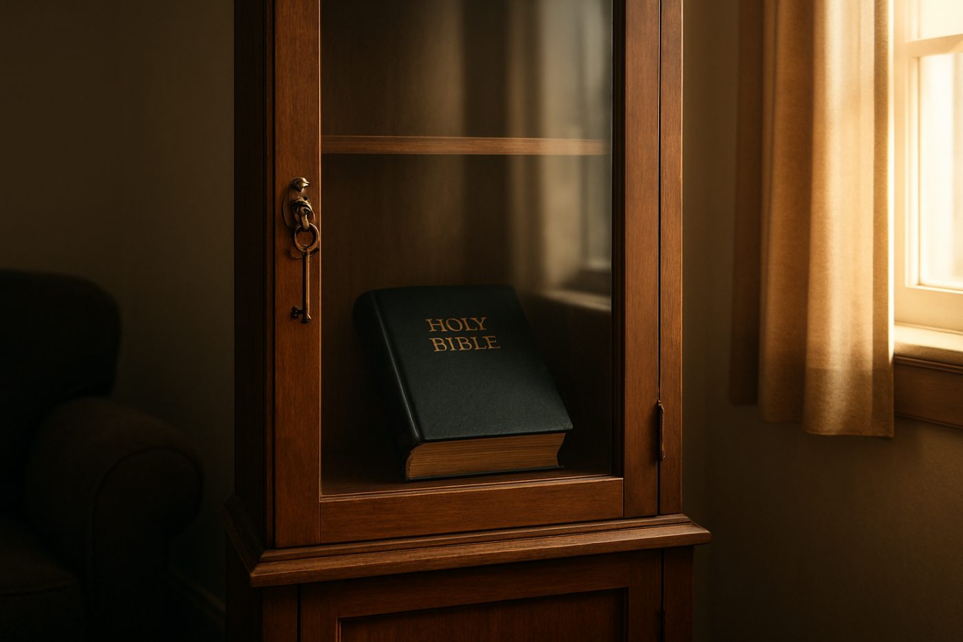 Locked cabinet with family Bible