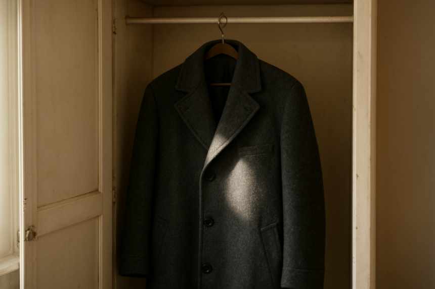 Cursed wool coat in wardrobe