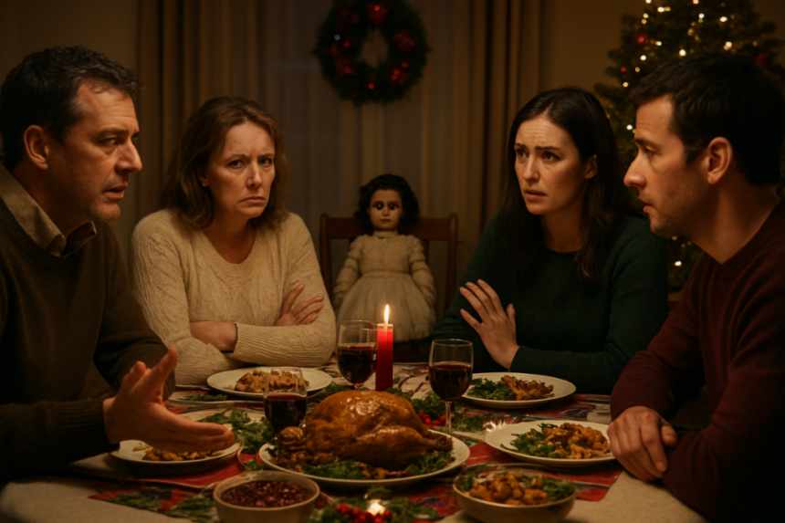 family around doll at Christmas