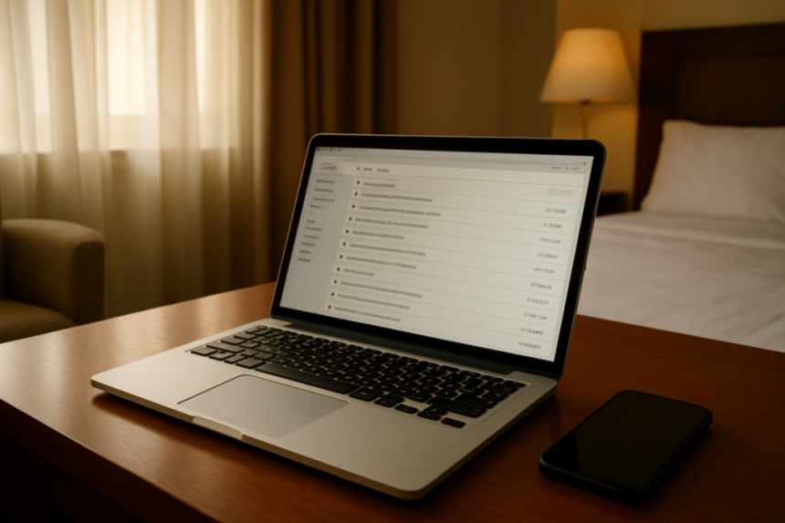 hotel room desk with laptop