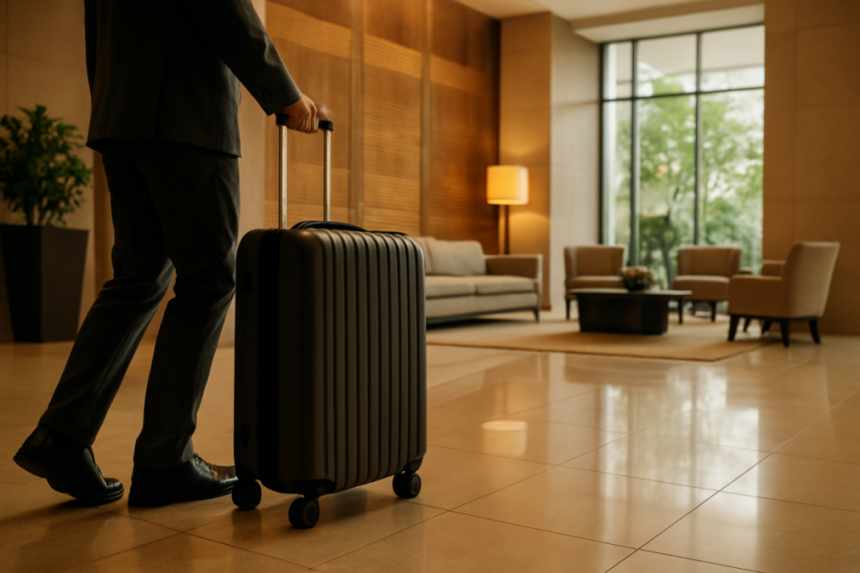 empty hotel lobby with luggage