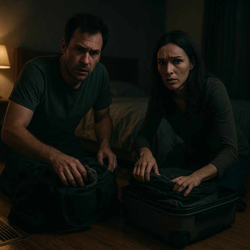Anxious couple packing