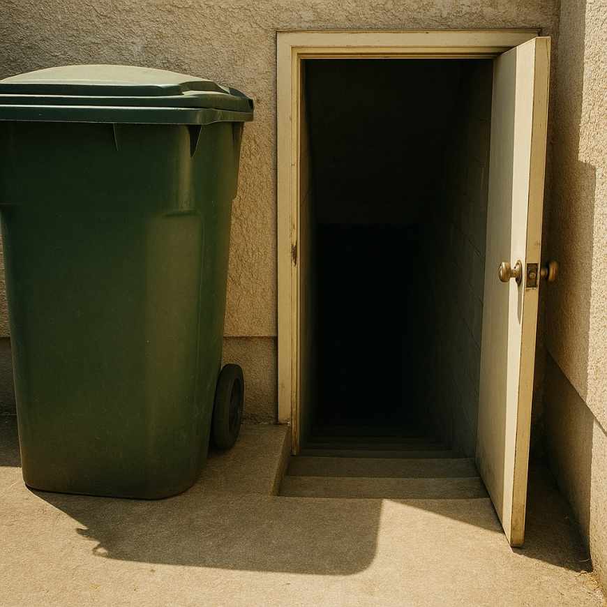Secret basement door behind bin