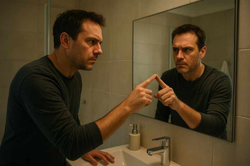 Person testing mirror cautiously
