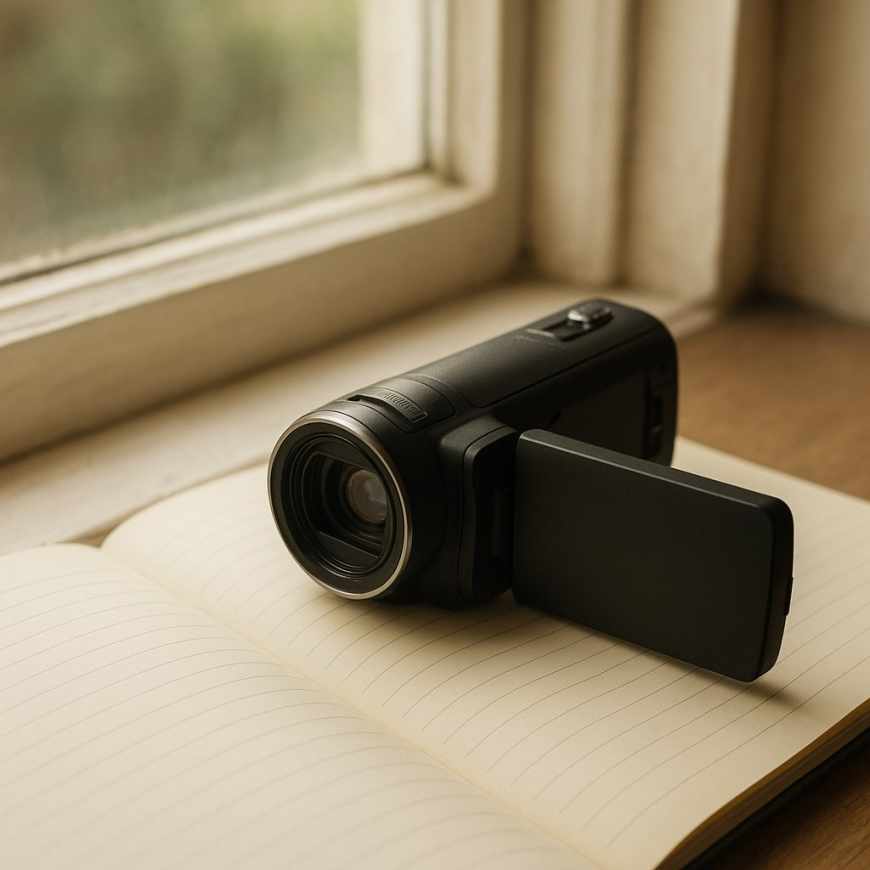 Camera and notebook on windowsill