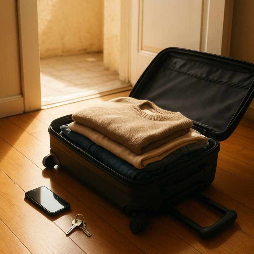 Packed suitcase by door exit