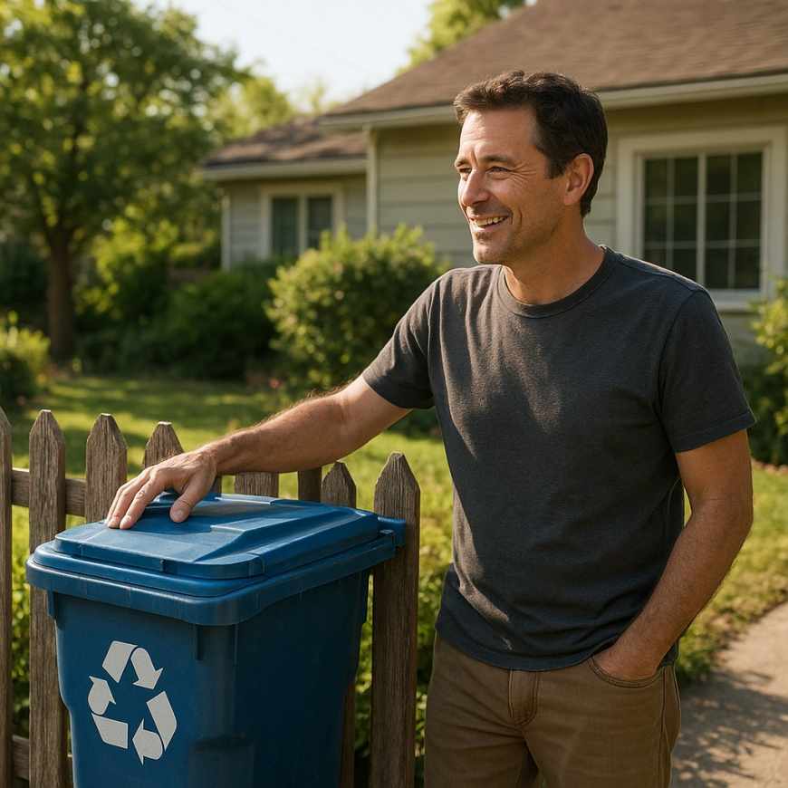 Neighbor chatting near bins
