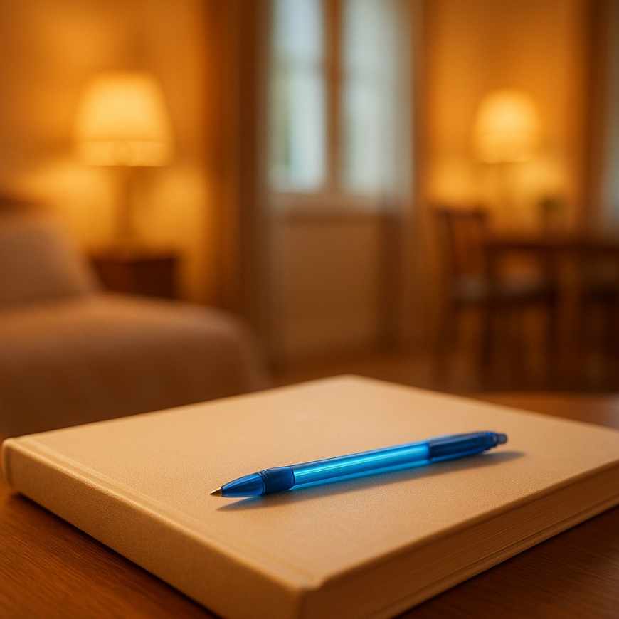 blue pen on guestbook cover