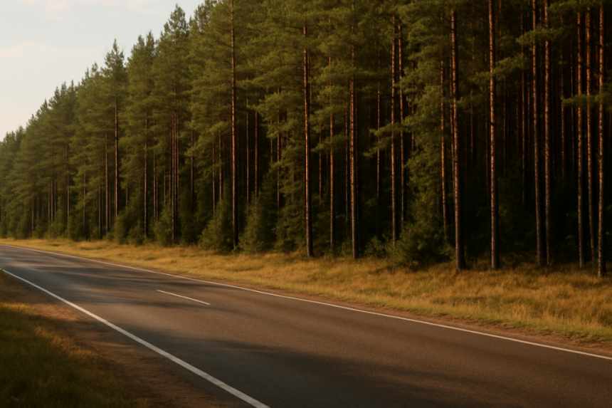 Empty roadside with pine trees