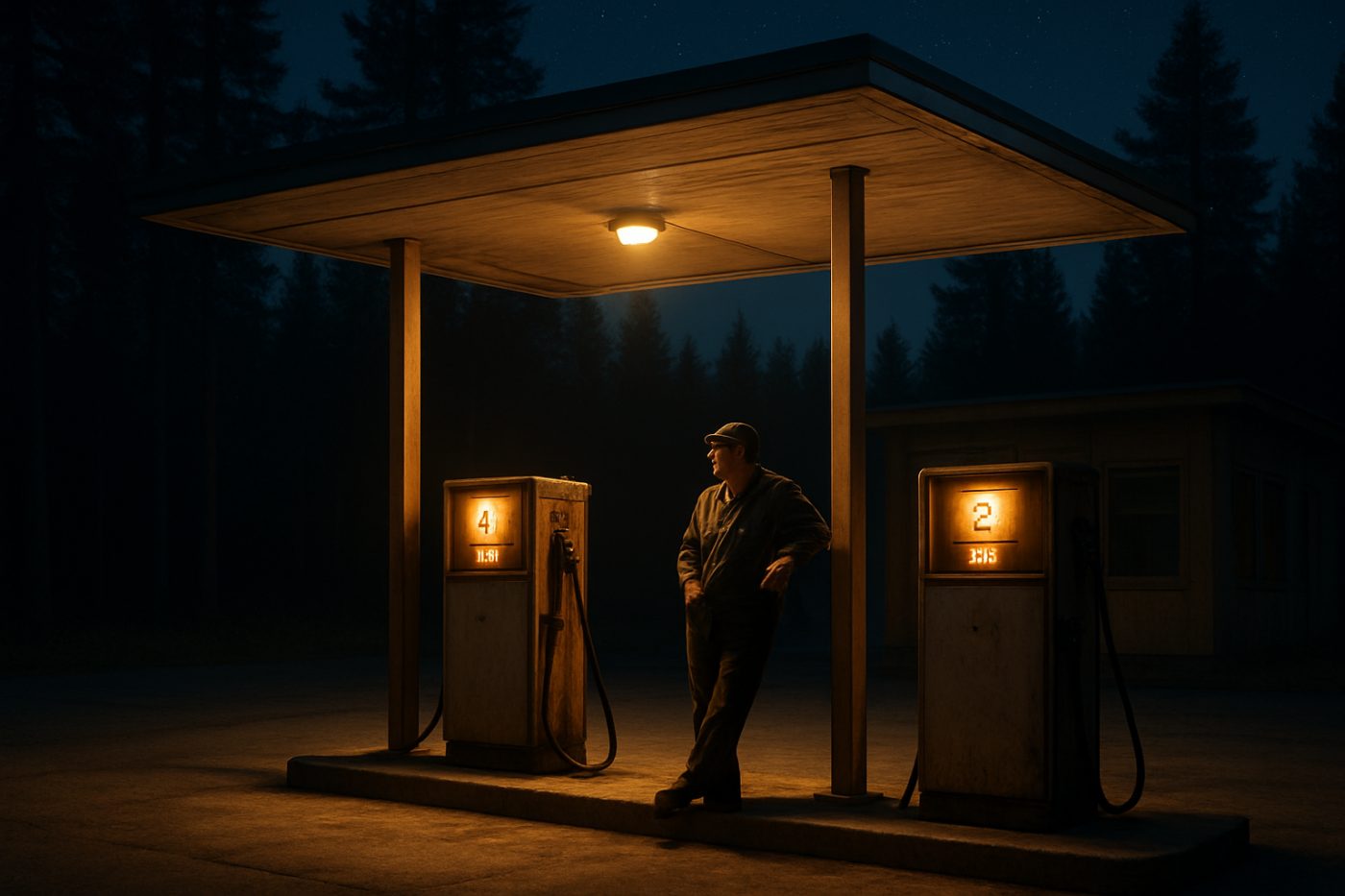 Vintage petrol station at night