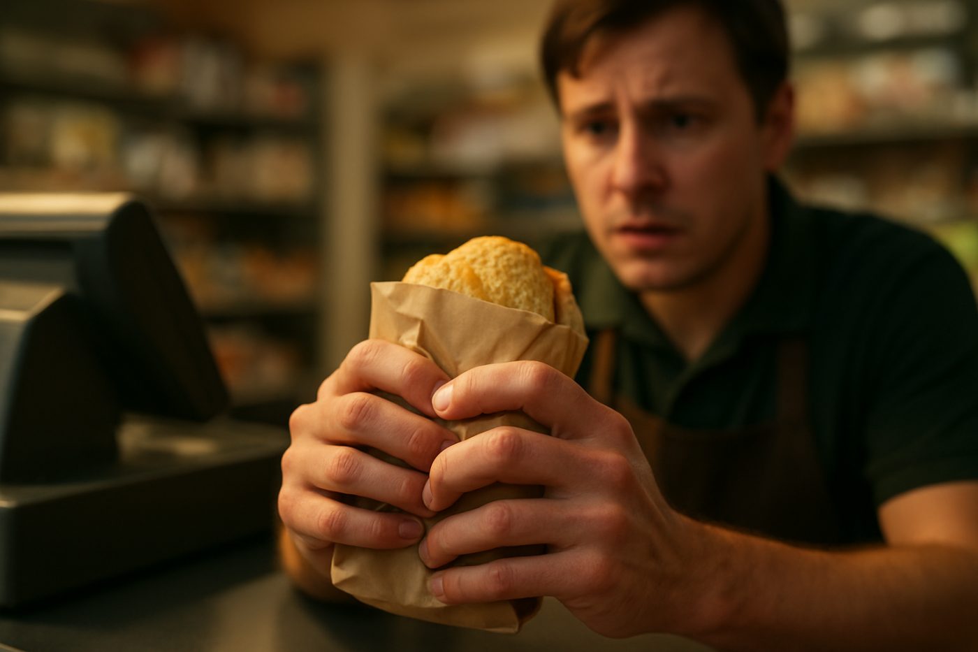 Shaking hands with sandwich