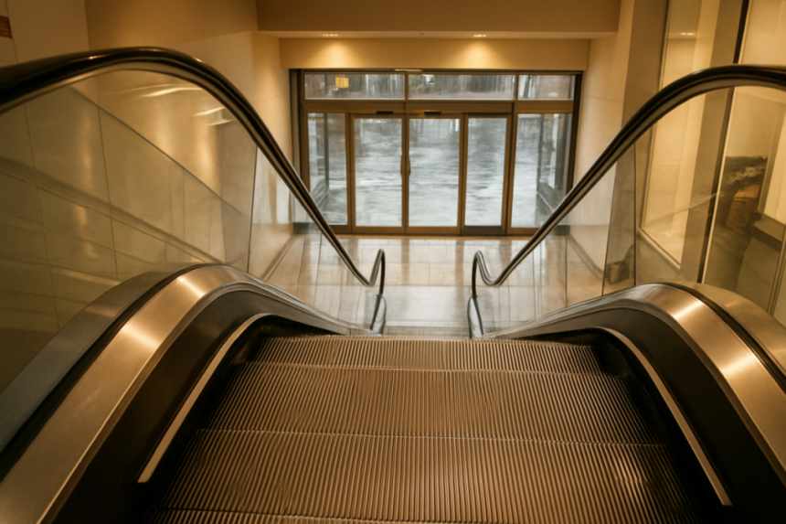 Down escalator to ground floor