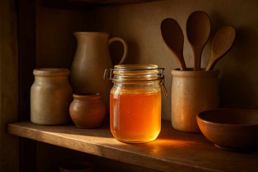 Jar of honey on shelf