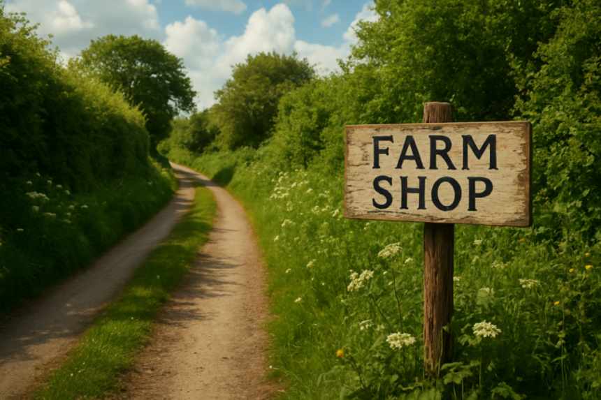 Country road with farm shop sign