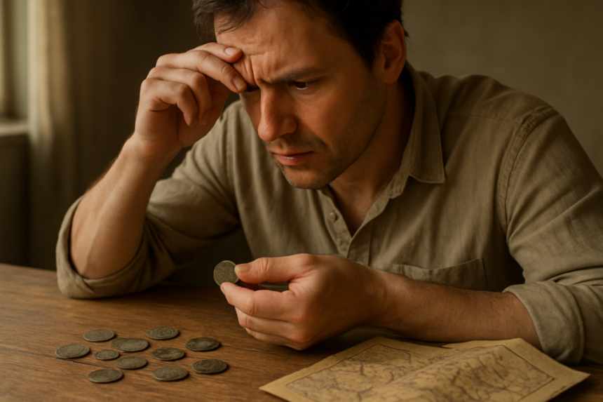 Examining vintage coins and map