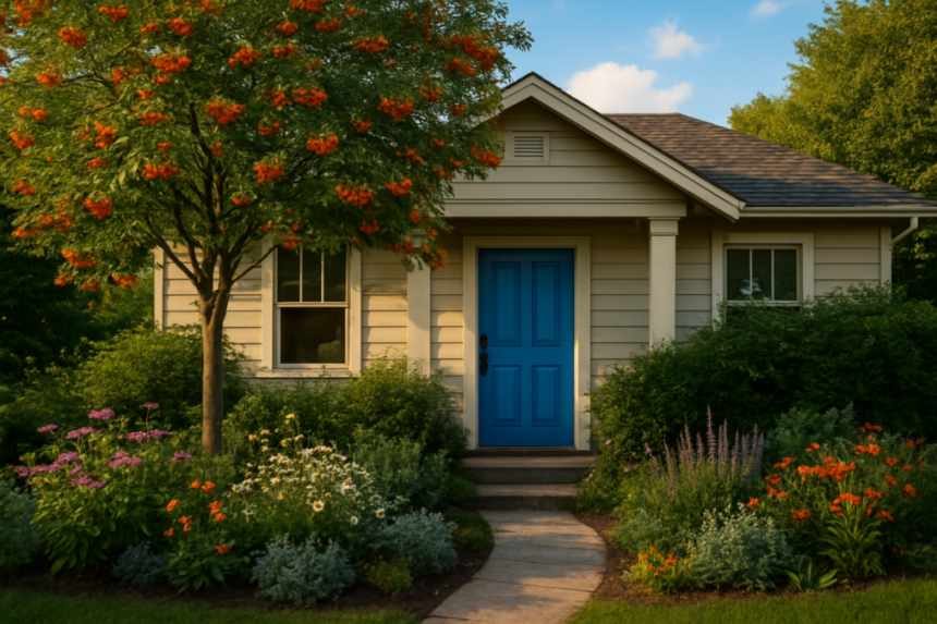 House with blue door and rowan