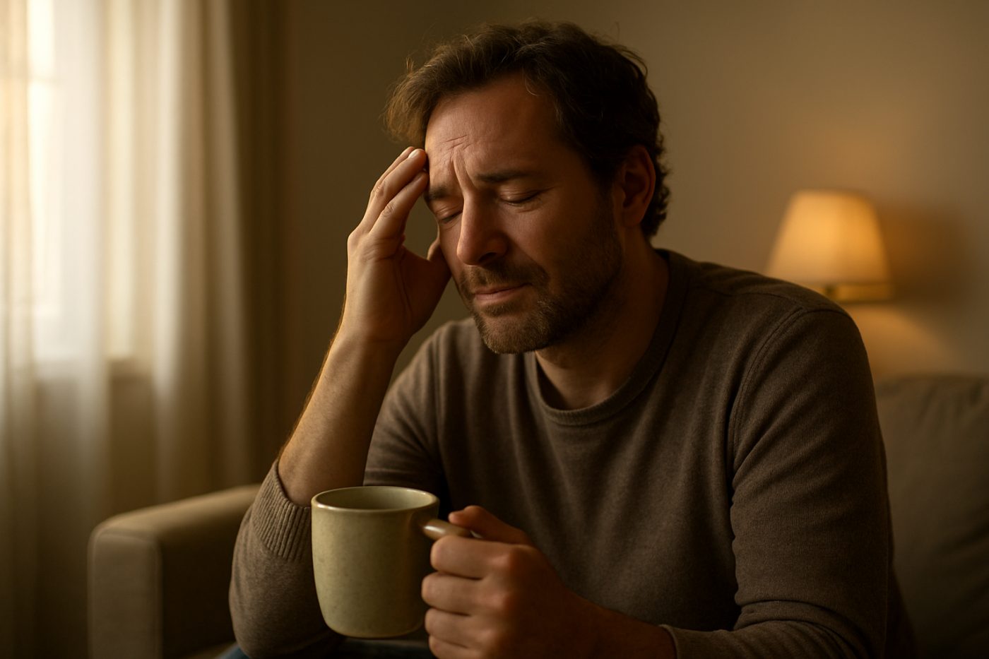 Reflective person with tea cup