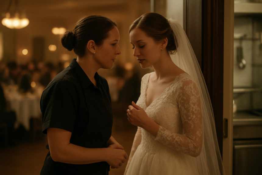 Bride talking to caterer quietly