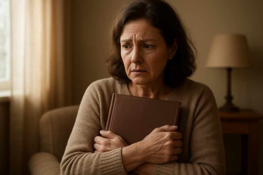 Woman clutching photo album