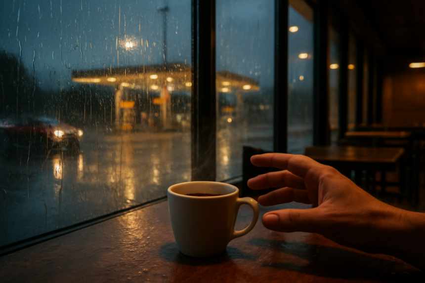 Rain-soaked service station coffee