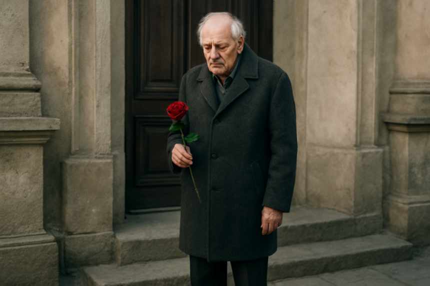 father holding rose on step