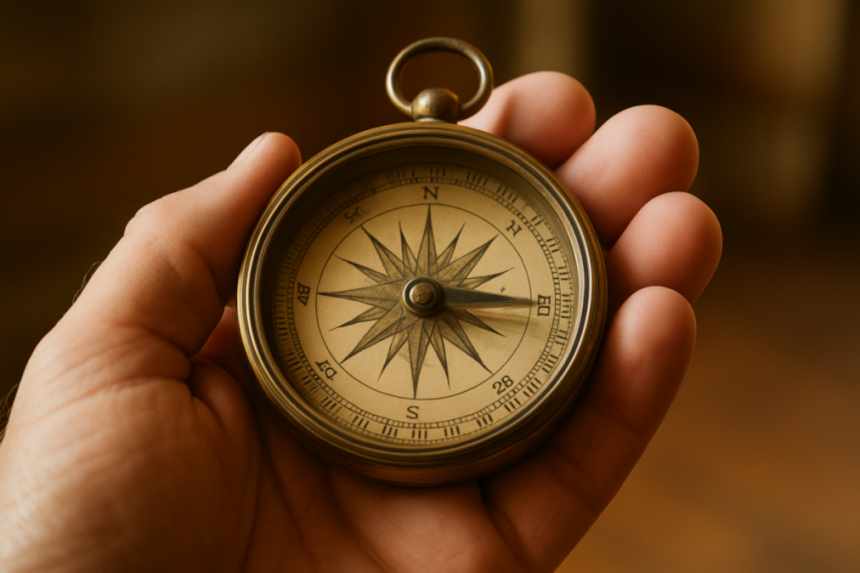 Antique brass compass close-up