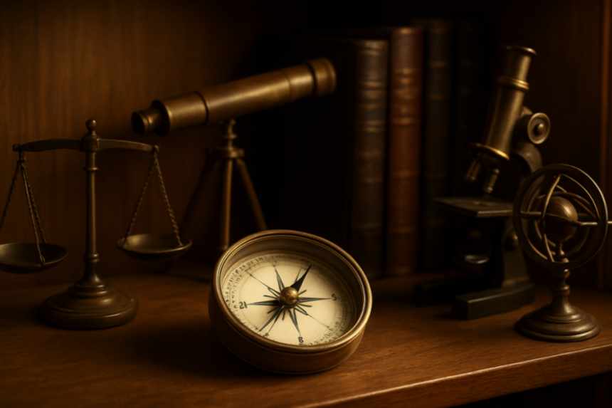 Compass on study shelf