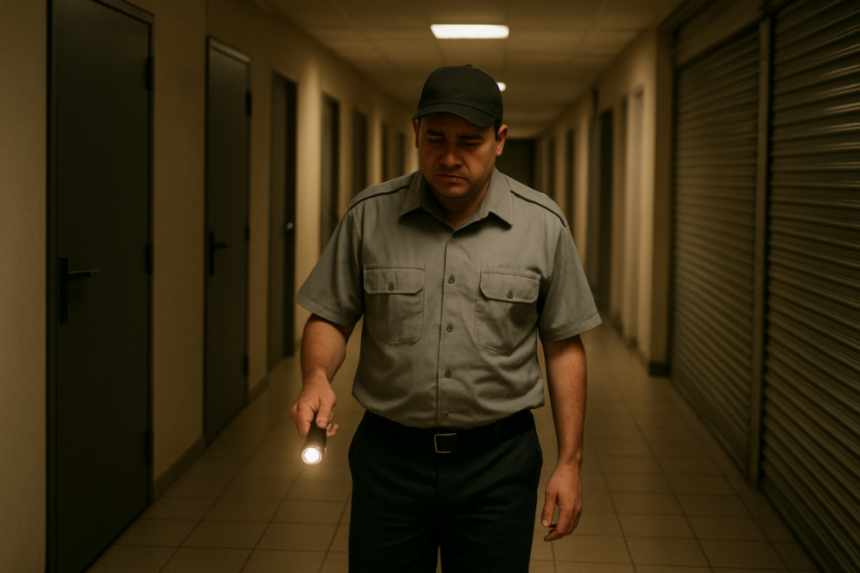 Security guard pacing empty hall