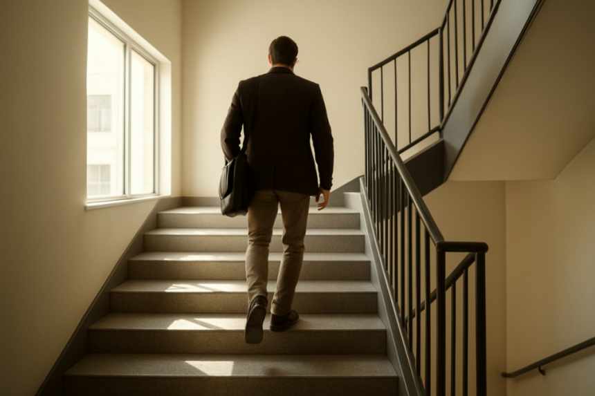 office stairwell with lone walker