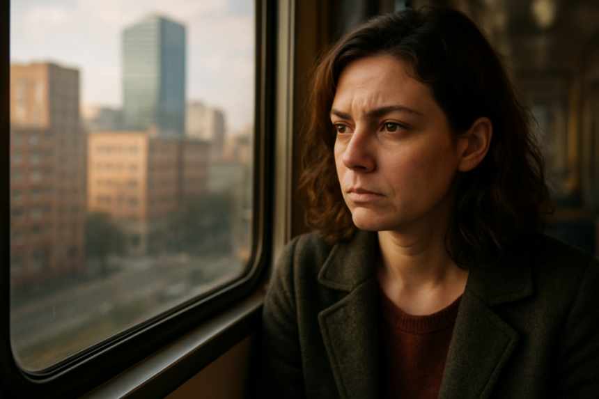 Woman reflecting on train