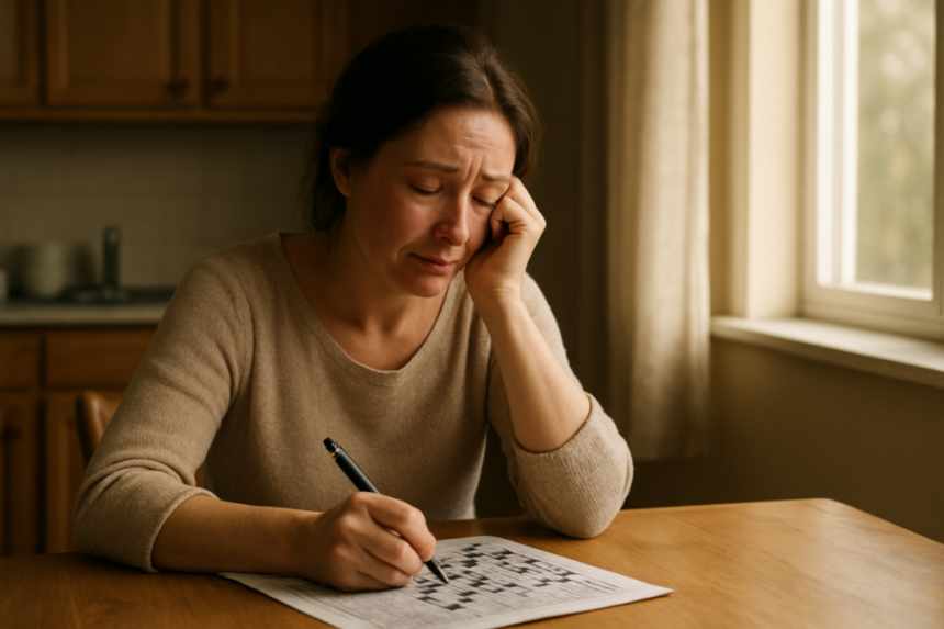 Grieving woman finishing crossword