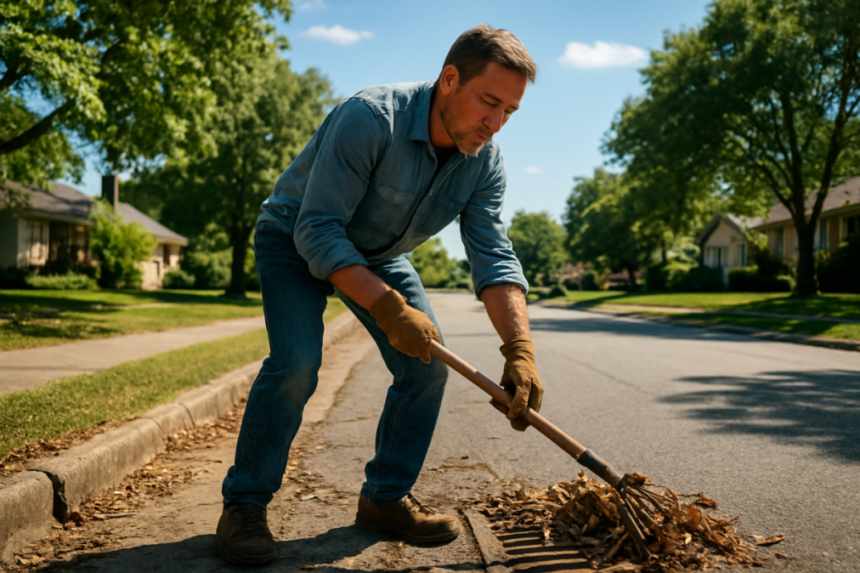 Man clearing flooded street drain