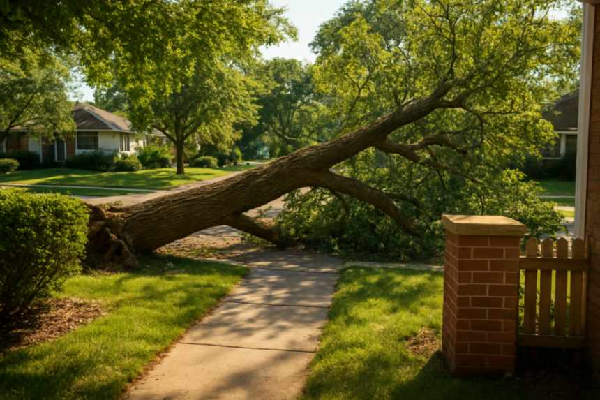 Fallen tree on garden fence