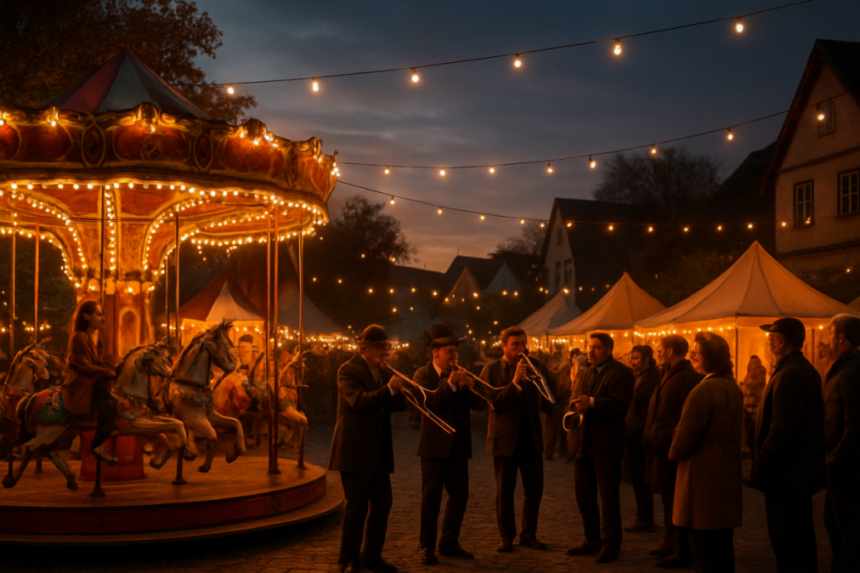 village harvest fair at dusk