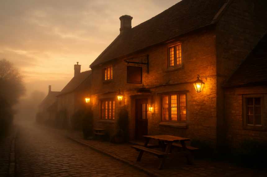 Village pub glowing at dusk