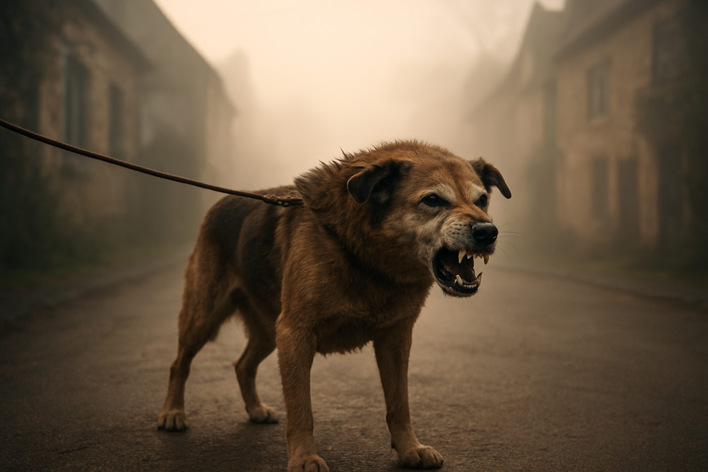 Dog growling on foggy street